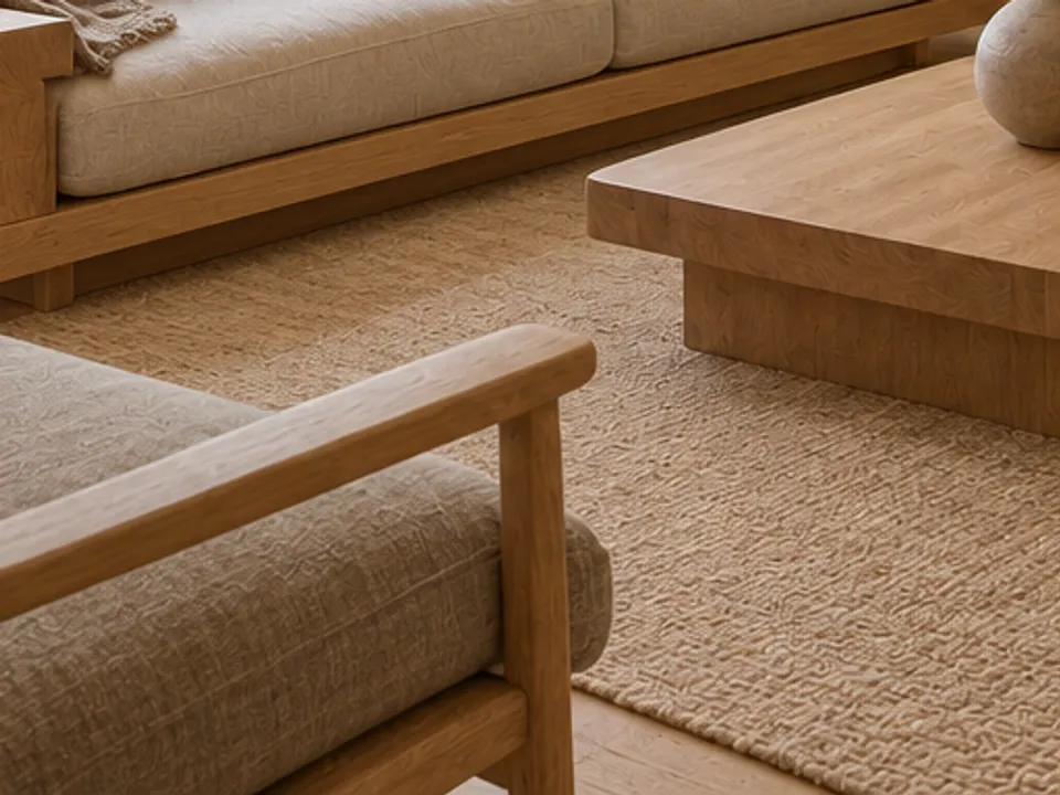 Japandi living room detail with a low oak coffee table, a jute rug and a linen armchair, AI example design