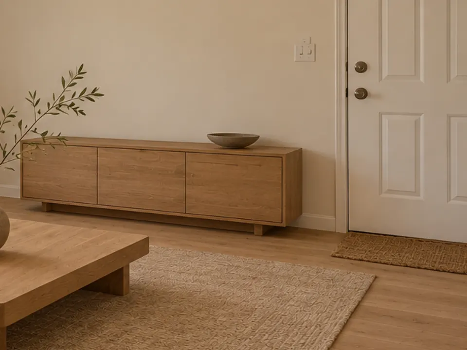 Japandi living room with a long, low oak sideboard against a bare warm-white wall, AI example design