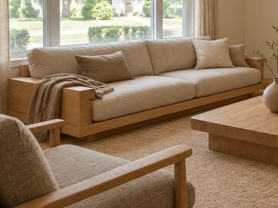 Japandi living room with a low oak-frame sofa, linen cushions and a wide oak coffee table, AI example design