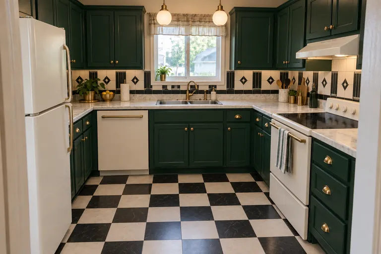 Art deco kitchen with emerald green cabinets, a black and cream diamond tile backsplash, a black and white checkerboard floor and brass globe pendants, AI example design