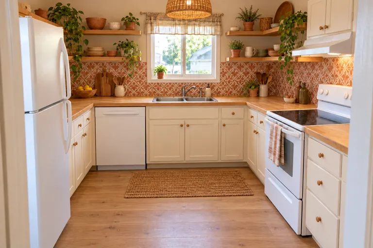 Boho kitchen with open wooden shelves full of plants, a terracotta patterned tile backsplash, cream cabinets with wooden knobs and a rattan pendant light, AI example design