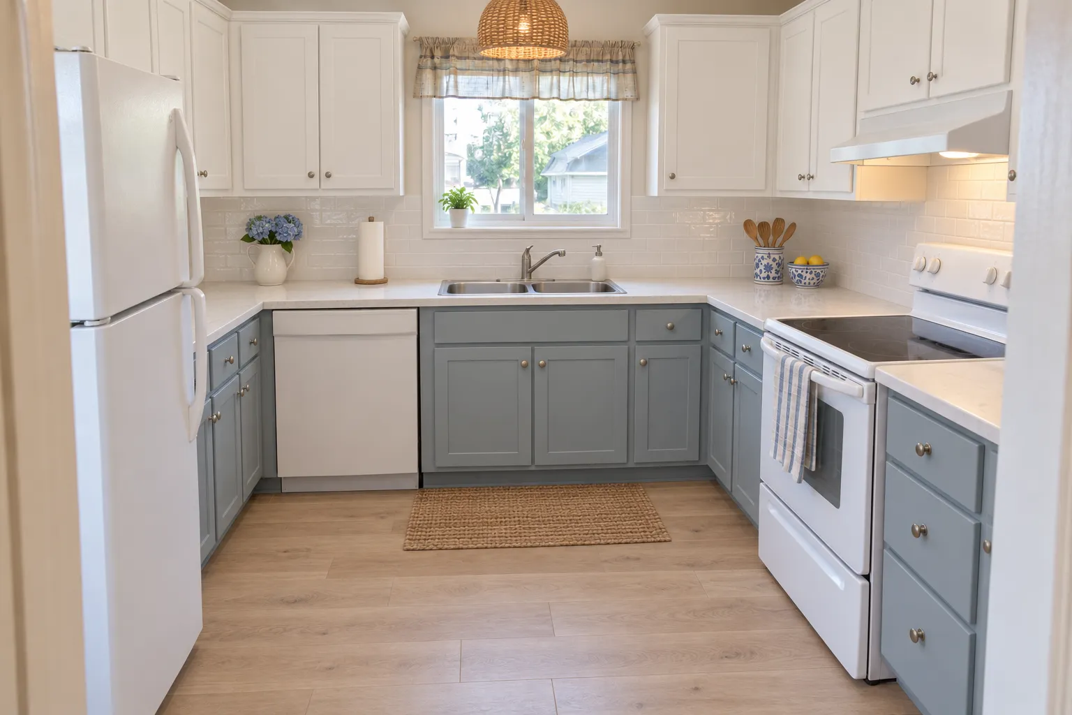 Coastal kitchen with white upper cabinets, blue-gray lower cabinets, a white tile backsplash, a rattan pendant light and a light oak floor, AI example design