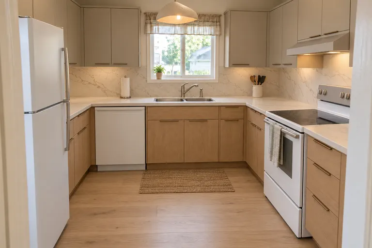 Contemporary kitchen with greige upper cabinets, light wood lower cabinets, a marble-look slab backsplash and a sculptural pendant light, AI example design