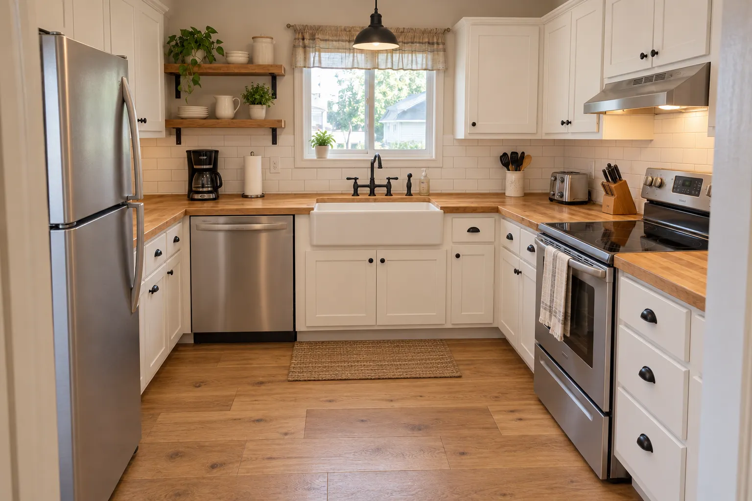 Modern farmhouse kitchen with white shaker cabinets, butcher-block counters and an apron sink, AI example design