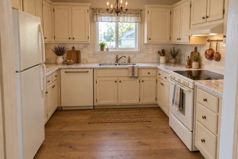 French country kitchen with cream painted cabinets, white marble counters, a rail of copper pots and an iron candle chandelier, AI example design