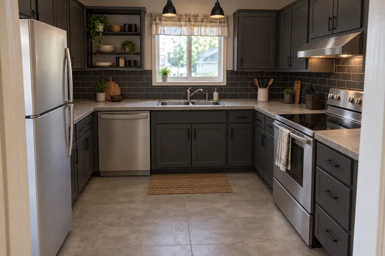 Industrial kitchen with charcoal cabinets, a black subway tile backsplash, an open black metal shelf, stainless steel appliances and a concrete-look floor, AI example design