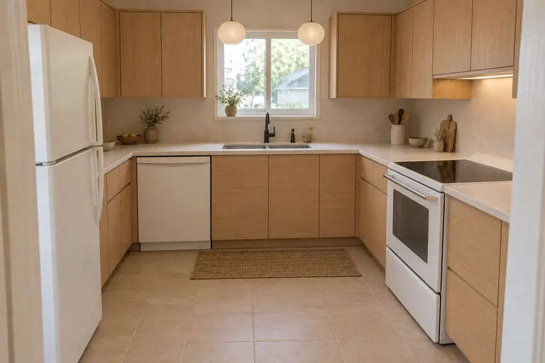 Japandi kitchen with flat light oak cabinets, warm white countertops, a matte black faucet and two paper pendant lights, AI example design