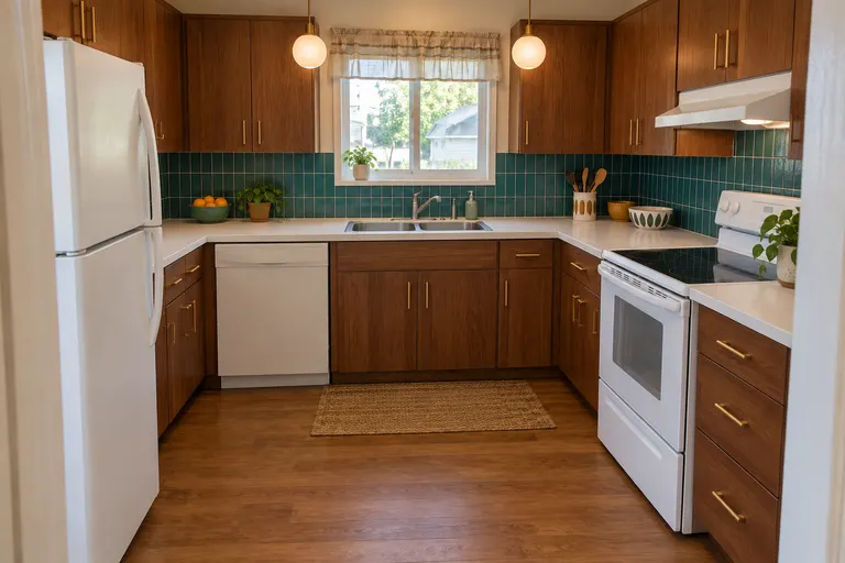 Mid-century modern kitchen with walnut cabinets and brass pulls, a teal tile backsplash, white globe pendants and a warm wood floor, AI example design
