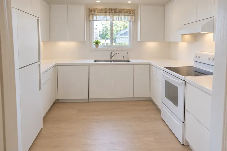 Minimalist kitchen with handleless white cabinets, a white stone backsplash, clear counters and a light wood floor, AI example design