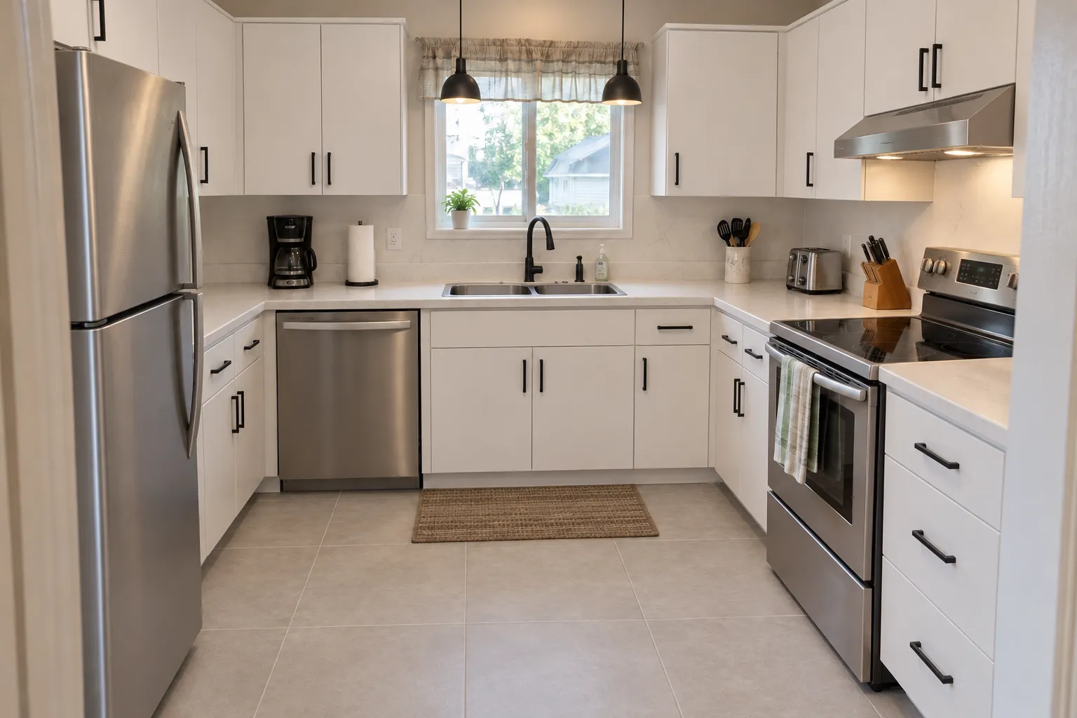 Modern kitchen with flat white cabinets, white quartz counters and matte black handles, AI example design