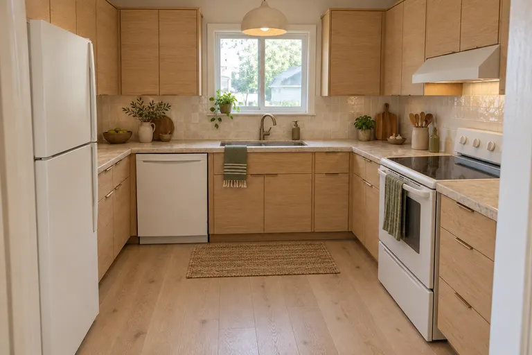 Organic modern kitchen with light oak cabinets, warm white stone counters, cream handmade tiles and a linen dome pendant, AI example design