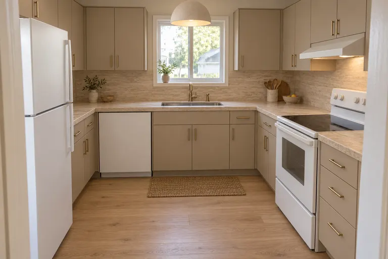 Quiet luxury kitchen with warm greige cabinets, pale travertine counters, a cream stone backsplash and a large dome pendant, AI example design