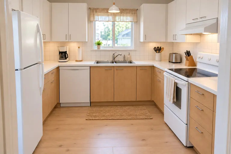 Scandinavian kitchen with white upper cabinets, light oak lower cabinets, a white square tile backsplash and a pale wood floor, AI example design