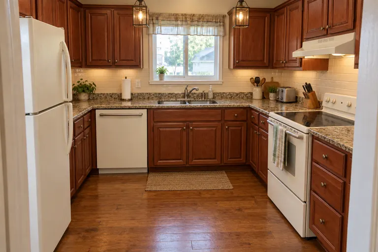 Traditional kitchen with cherry raised-panel cabinets, brown granite counters, a hardwood floor and brass lantern pendants, AI example design