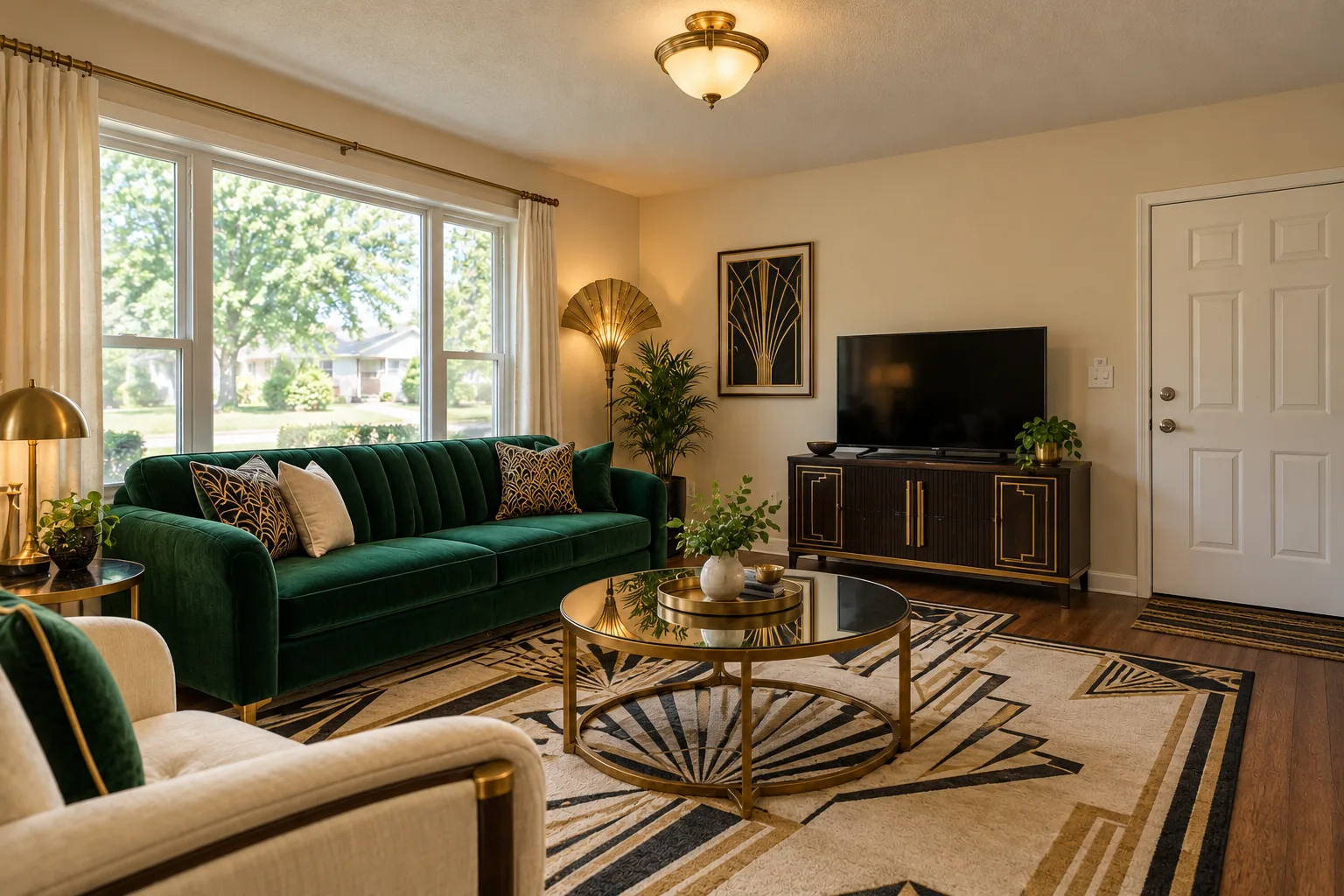 Art deco living room with an emerald velvet sofa, a round mirrored coffee table and a fan-shaped brass floor lamp, AI example design