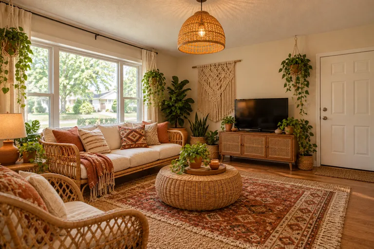 Boho living room with a rattan sofa, a macrame wall hanging and layered patterned rugs, AI example design