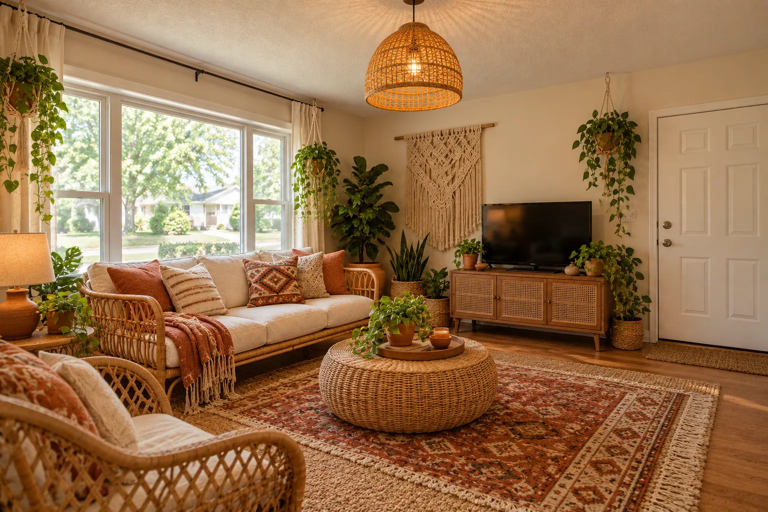 Boho living room with a rattan sofa, a macrame wall hanging and layered patterned rugs, AI example design