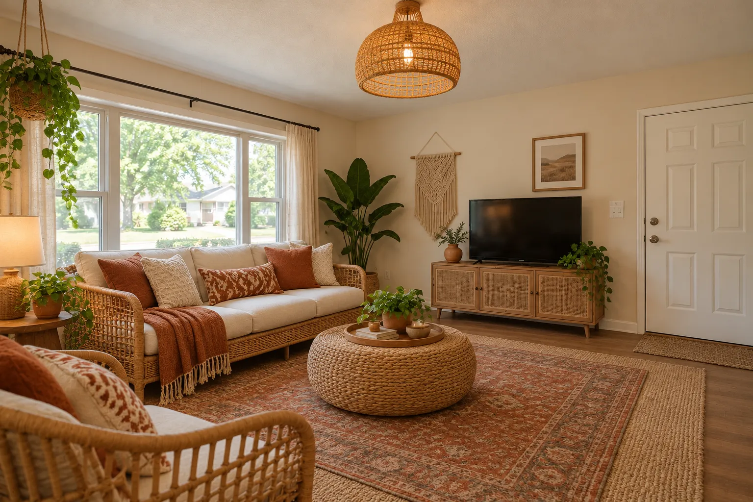 Boho living room with rattan seating, layered rugs, terracotta cushions and hanging plants, AI example design