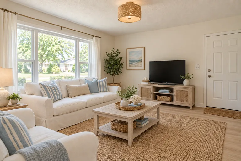 Coastal living room with a white slipcovered sofa, a whitewashed wood coffee table and a jute rug, AI example design