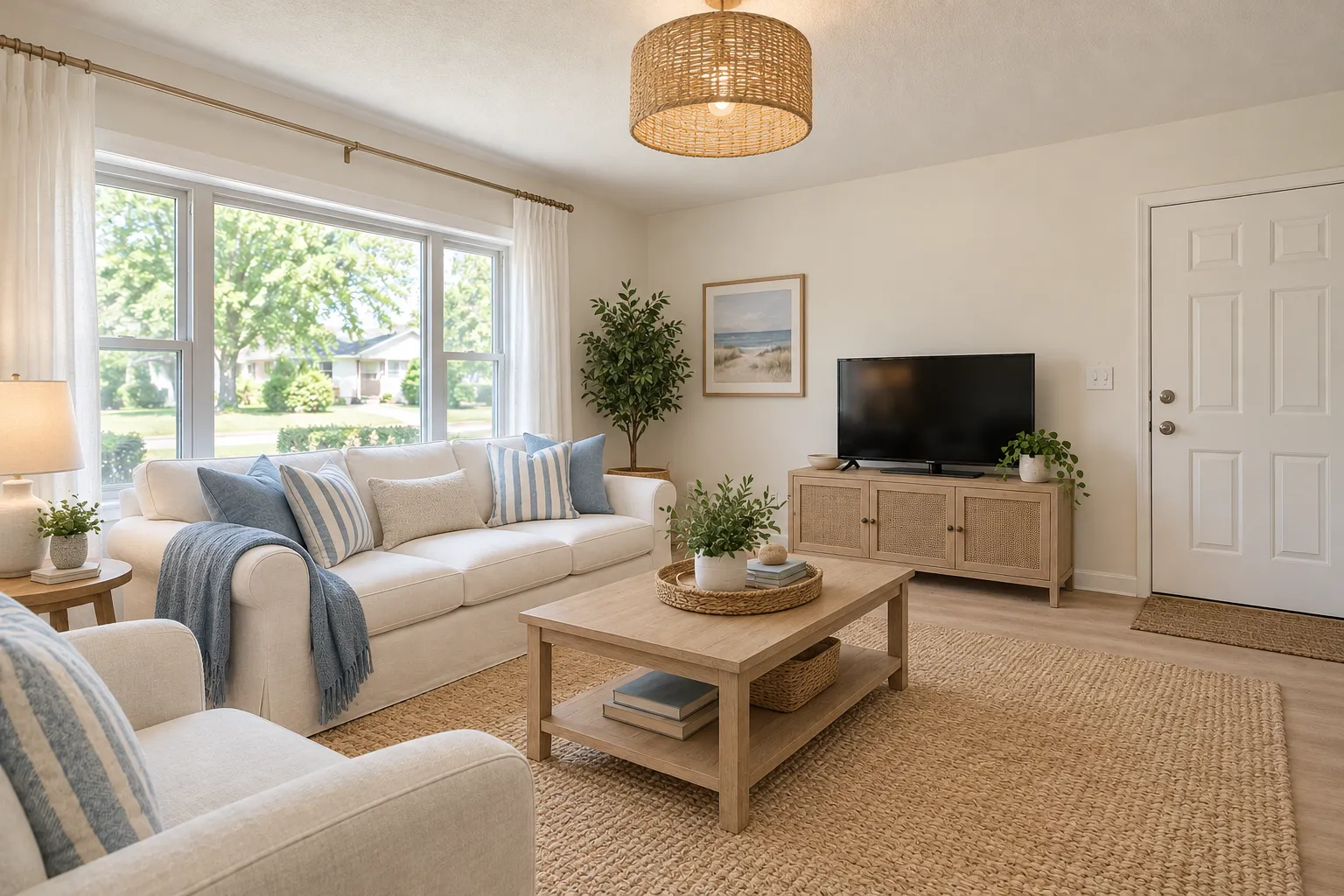 Coastal living room with a white sofa, blue striped cushions, pale wood furniture and woven textures, AI example design