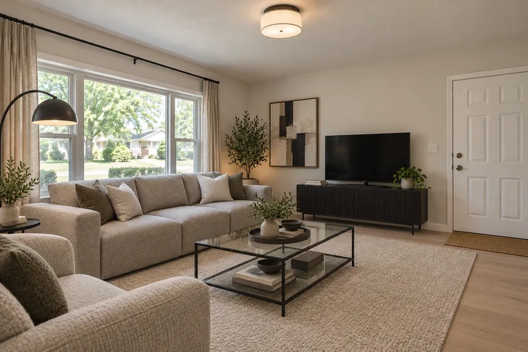 Contemporary living room with a gray modular sofa, a glass and metal coffee table and a sculptural floor lamp, AI example design