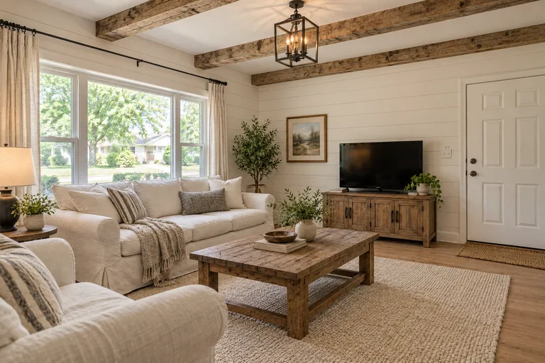 Modern farmhouse living room with white shiplap walls, wood ceiling beams and a slipcovered linen sofa, AI example design