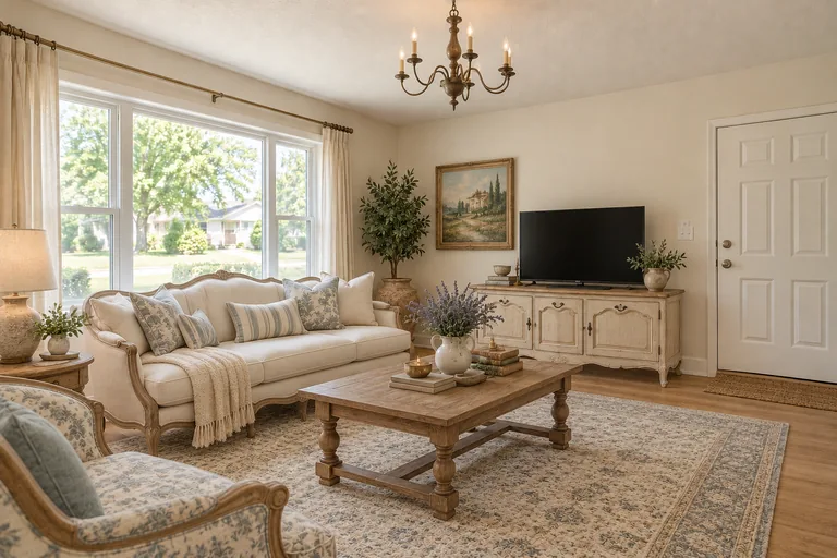 French country living room with a curved linen sofa, a toile armchair and a small iron chandelier, AI example design