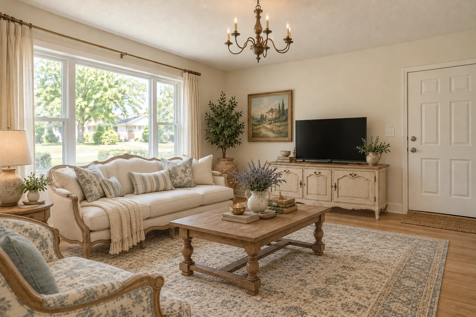 French country living room with a curved linen sofa, a toile armchair and a small iron chandelier, AI example design