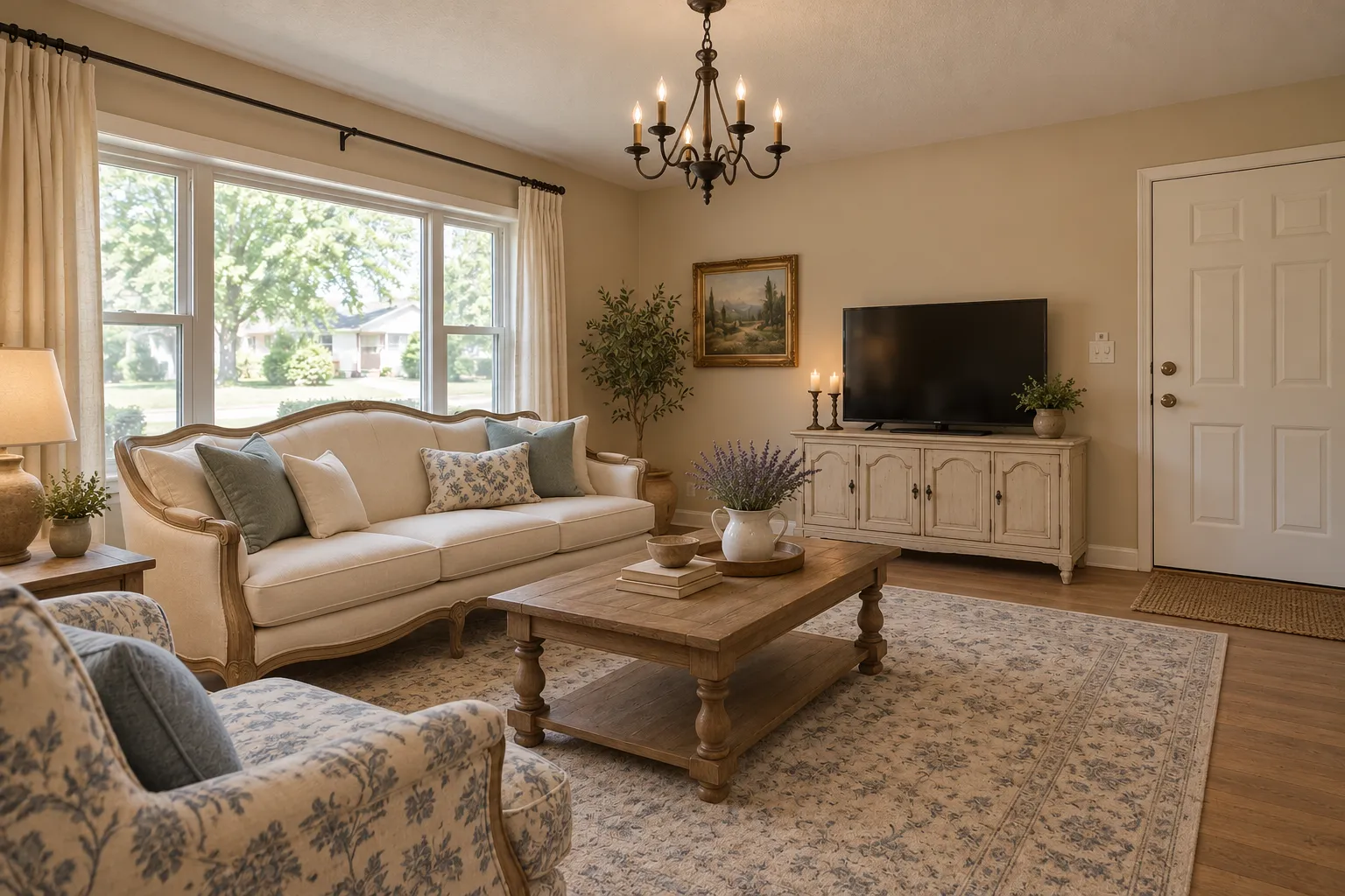 French country living room with a curved cream sofa, rustic wood table, blue patterned armchair and iron chandelier, AI example design