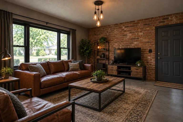 Industrial living room with an exposed brick wall, a brown leather sofa and Edison bulb pendant lights, AI example design