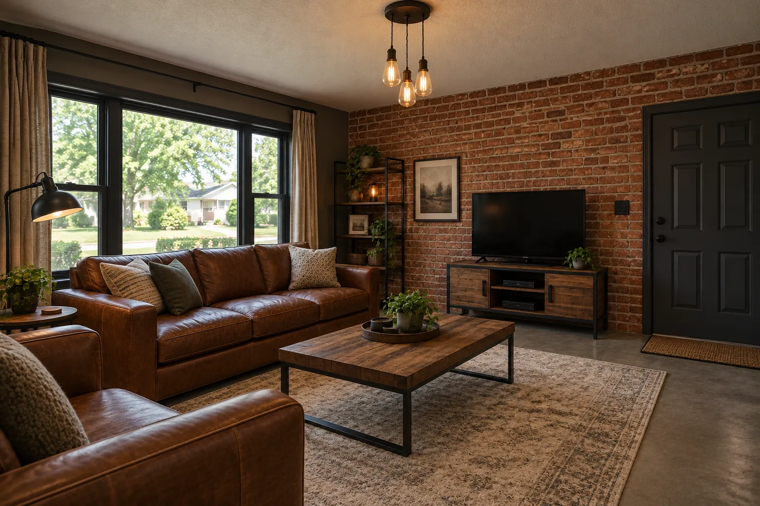Industrial living room with a brick wall, brown leather sofa, black metal frames and a wood coffee table, AI example design