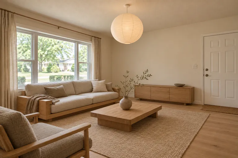 Japandi living room with a low oak sofa, a paper pendant lamp and a jute rug, AI example design