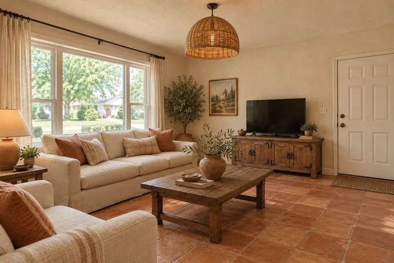 Mediterranean living room with terracotta floor tiles, a linen sofa and a rustic wood coffee table, AI example design