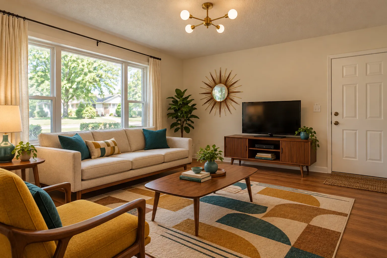 Mid-century modern living room with walnut furniture, a mustard armchair and a sunburst mirror, AI example design
