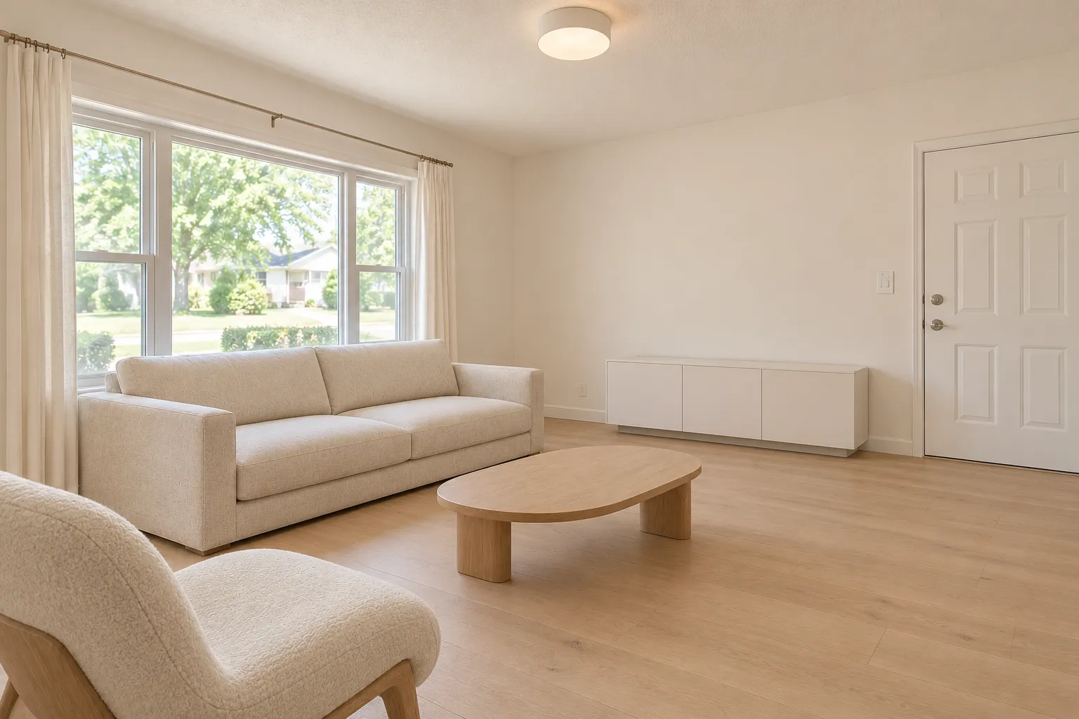 Minimalist living room with a linen sofa, a boucle lounge chair and an oval oak coffee table, AI example design
