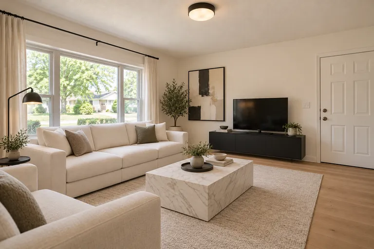 Modern living room with a low cream sofa, a marble block coffee table and a black TV console, AI example design