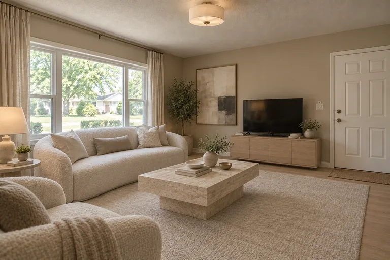Quiet luxury living room with a curved boucle sofa, a travertine coffee table and a wool rug, AI example design