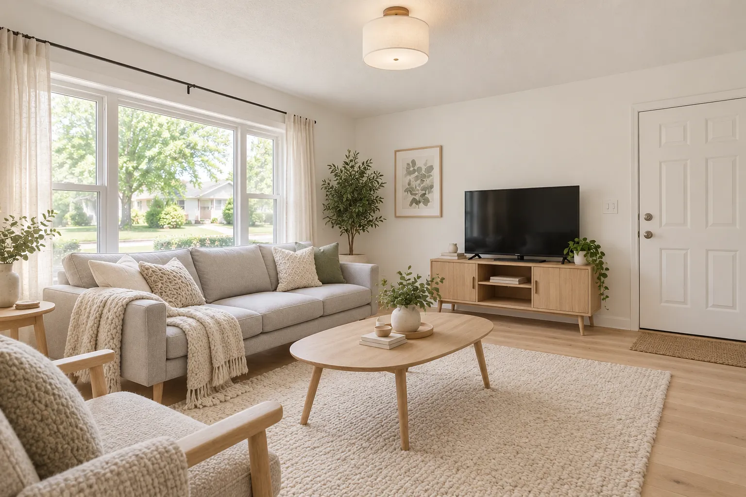 Scandinavian living room with a light gray sofa, a pale wood coffee table and a chunky wool rug, AI example design