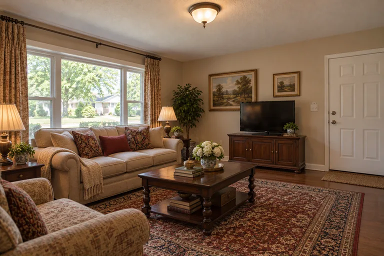 Traditional living room with a rolled-arm sofa, a dark wood coffee table and a Persian-style rug, AI example design