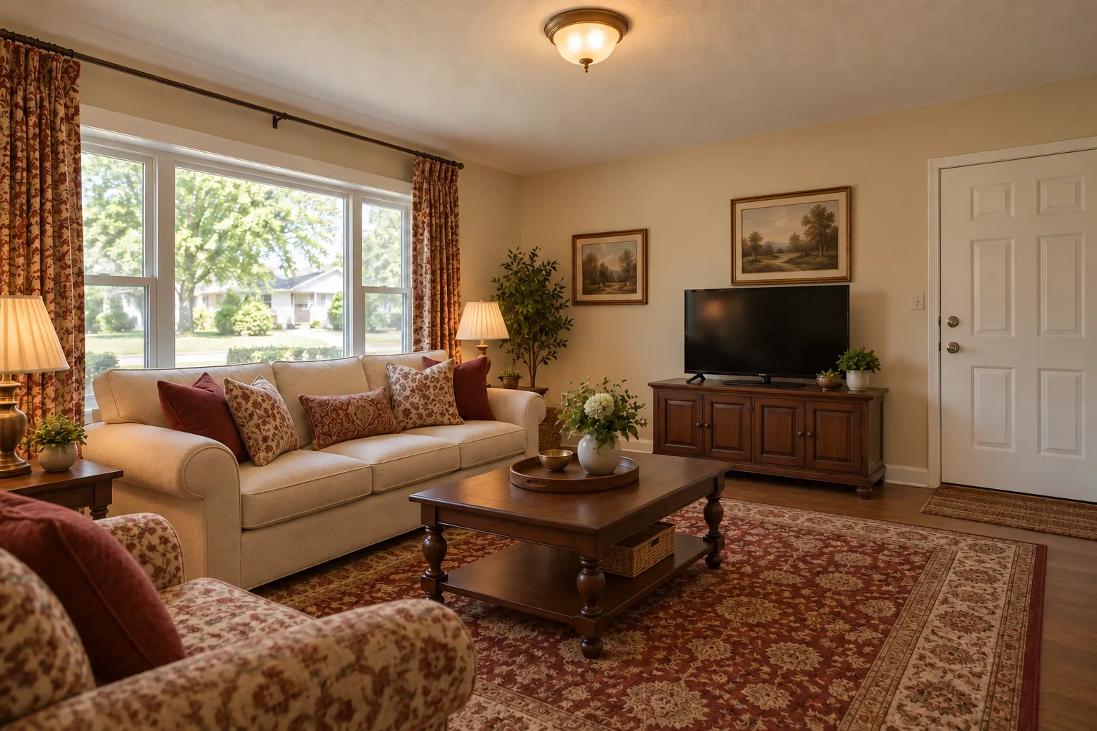 Traditional living room with a cream rolled-arm sofa, dark wood furniture, shaded lamps and a burgundy patterned rug, AI example design