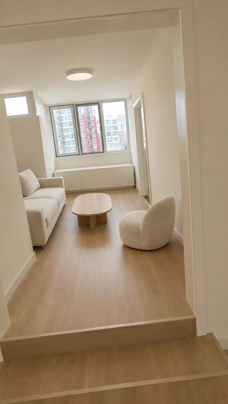 Unedited AI result: the second flat's study with a white ledge under the bay window in Minimalist style