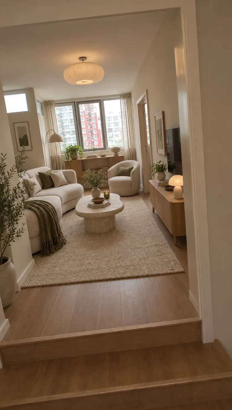 Unedited AI result: the second flat's study with furniture in front of the bay window in Organic modern style