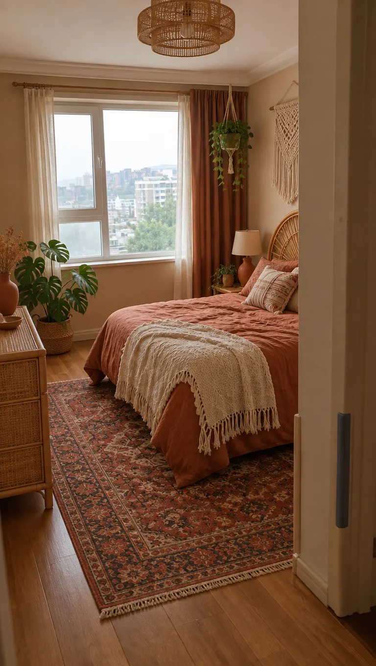 Unedited AI result: the second flat's furnished bedroom in Boho style