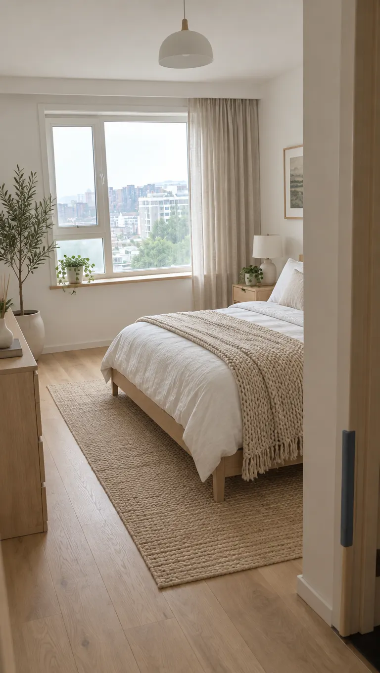 Unedited AI result: the second flat's furnished bedroom in Scandinavian style