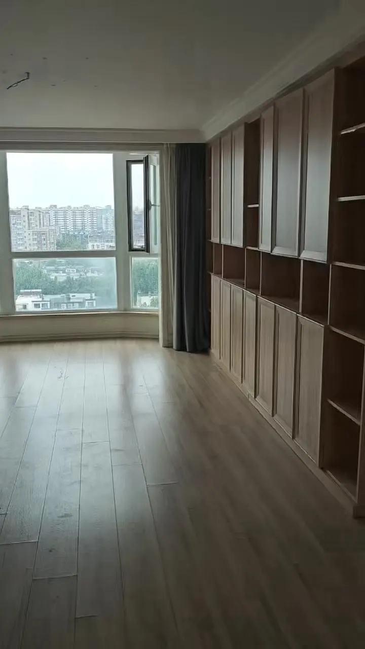 Real phone photo of the second flat's living room with a built-in bookcase wall