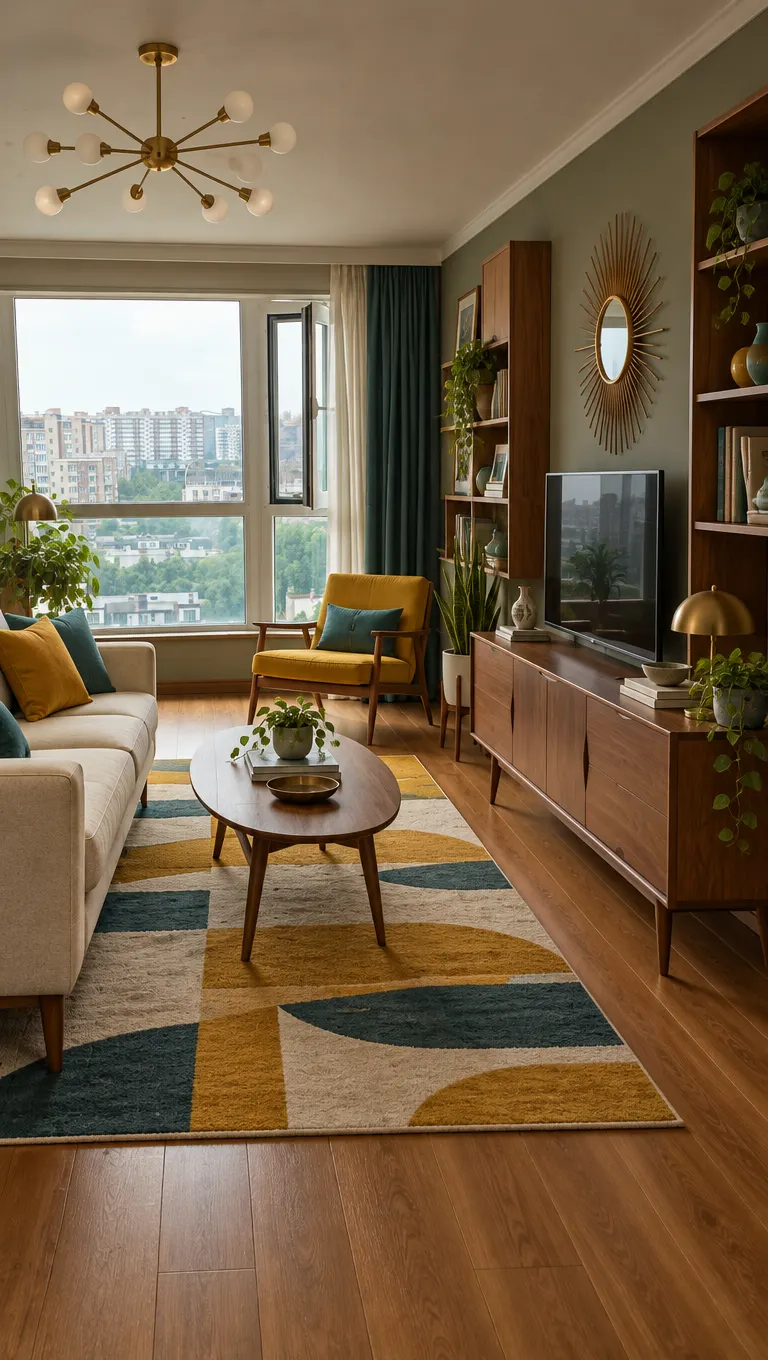 Unedited AI result: the second flat's living room with open shelves and a TV unit in Mid-century modern style