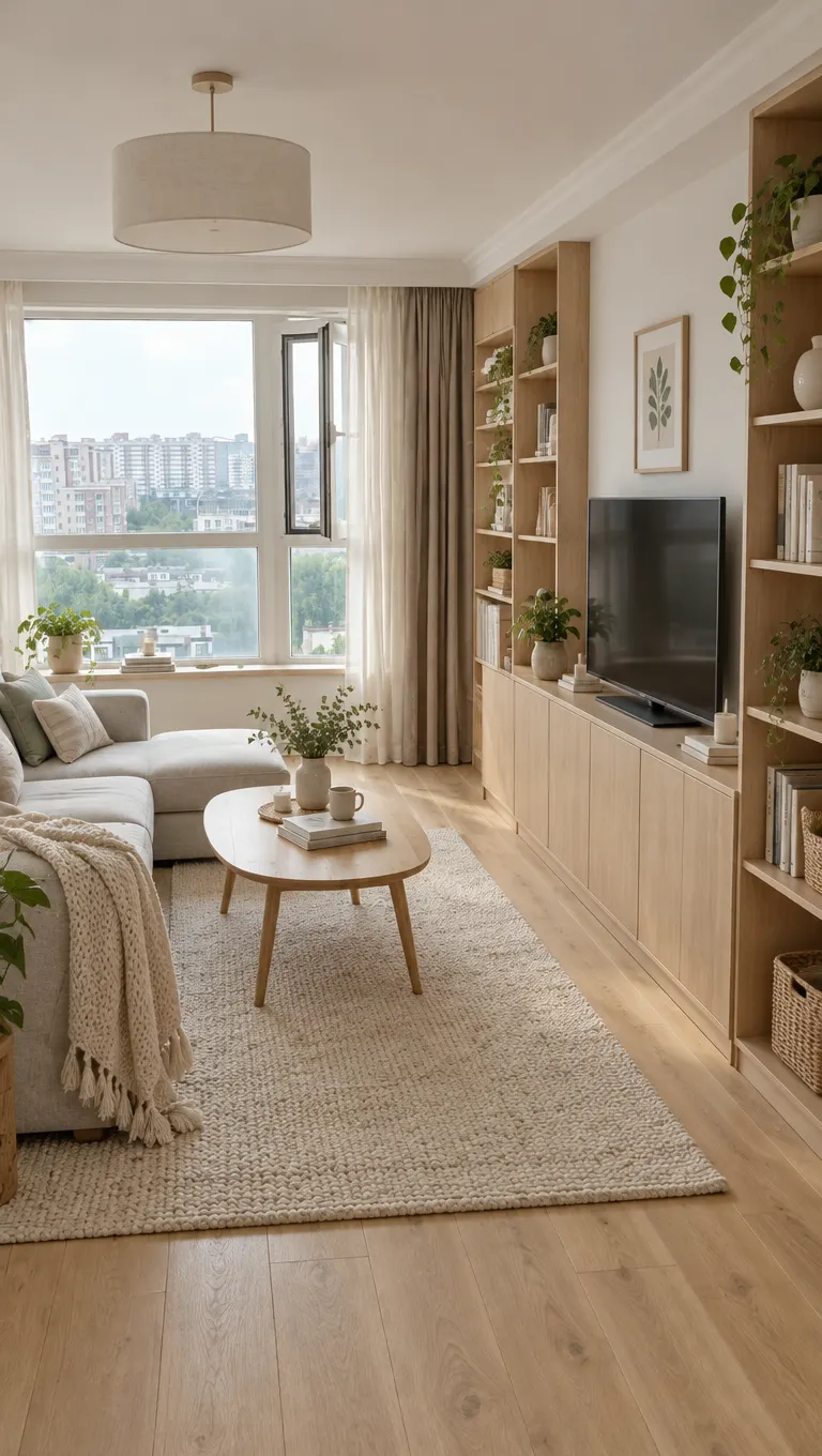 Unedited AI result: the second flat's living room with open shelves and a TV unit in Scandinavian style