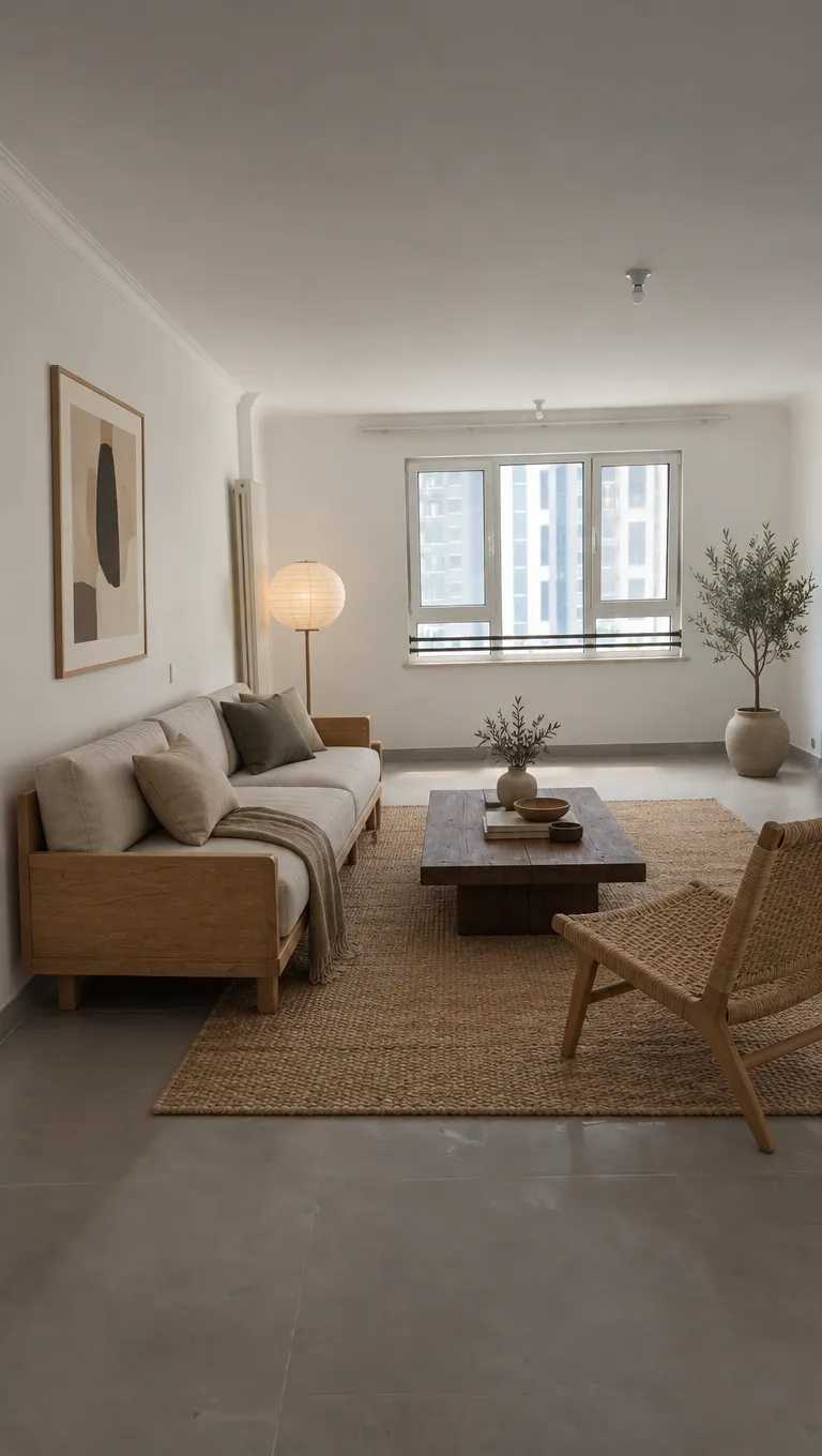 Unedited AI result: the first flat's staged living room in Japandi style