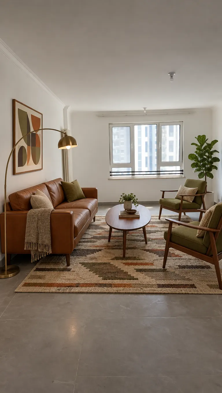 Unedited AI result: the first flat's staged living room in Mid-century modern style