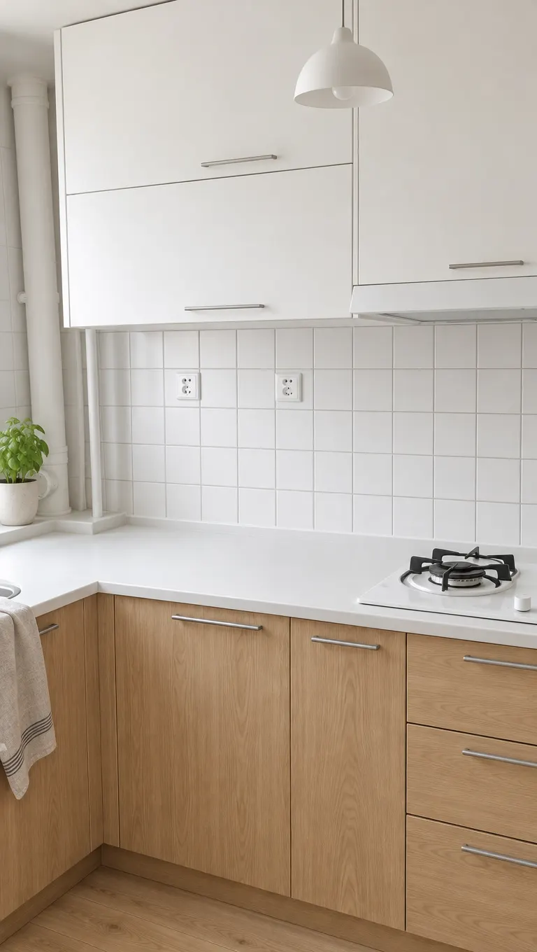 Unedited AI result: the first flat's L-shaped kitchen in Scandinavian style